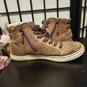 Ugg High Top Sneakers Brown Leather Lace Up Side Zip Kids‎ Youth Size